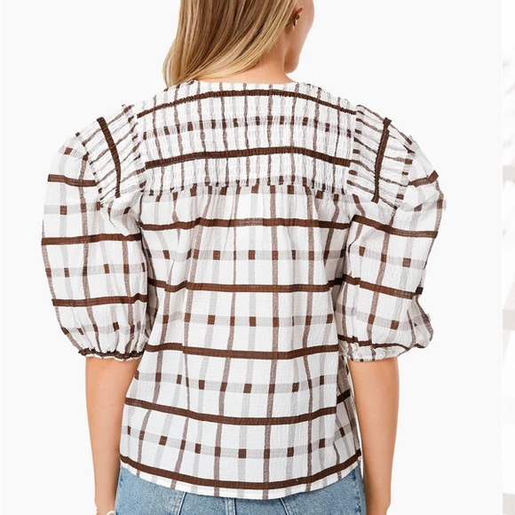 Moon River Brown Grid Print Puff Sleeve Woven Top - Picture 3 of 3